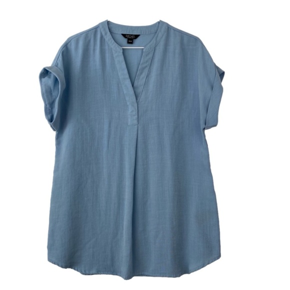 RAYCHEL Roy linen look v-neck tunic length short sleeve top in blue - Picture 1 of 7